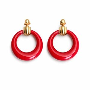 Vintage Style Red Hoop Clip-On Earrings Gold Tone Statement